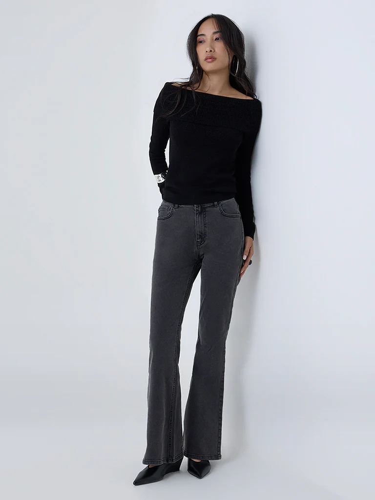 LOV Black Knit-Textured Off-Shoulder Top
