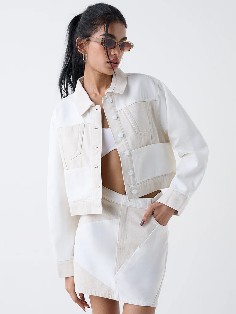 Nuon Off-White Colour-Block Denim Jacket
